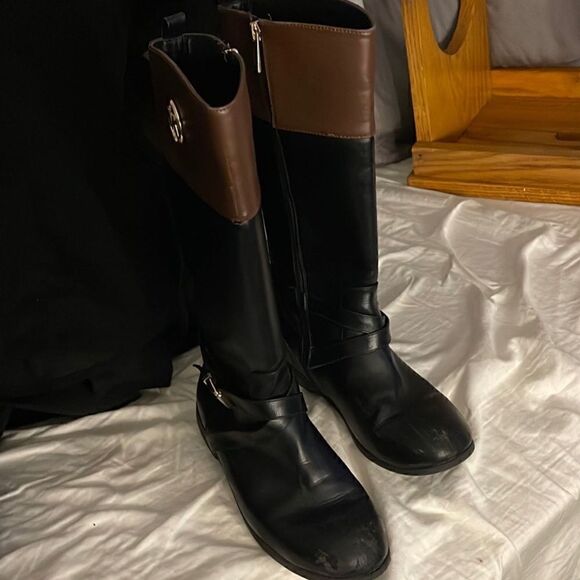 Michael Kors Emma two tone leather riding boots w/buckle/belt black sz 5 - Picture 7 of 12